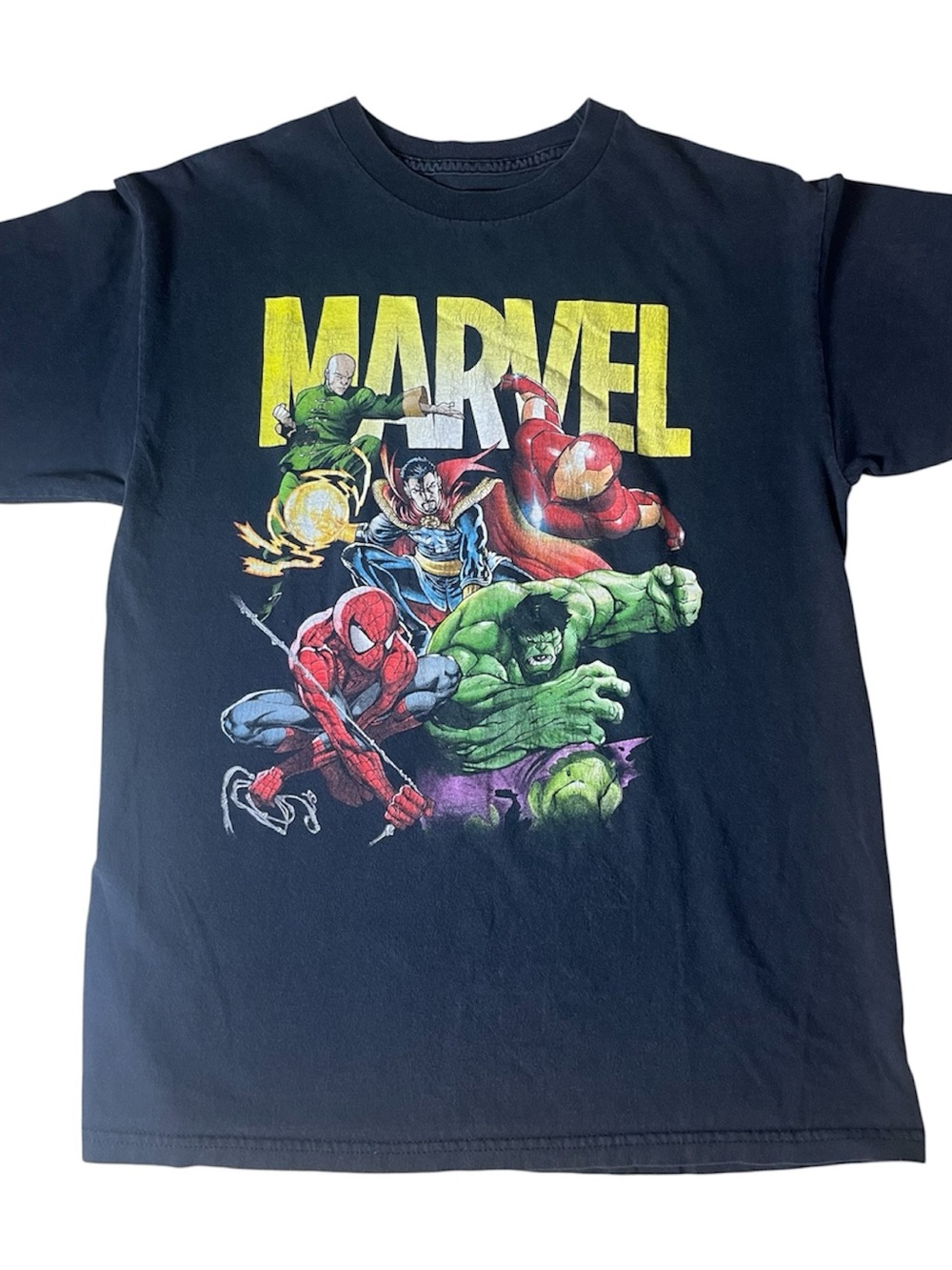 Marvel Black Short Sleeve Tee with Yellow Logo and Multicolor Avengers Graphic